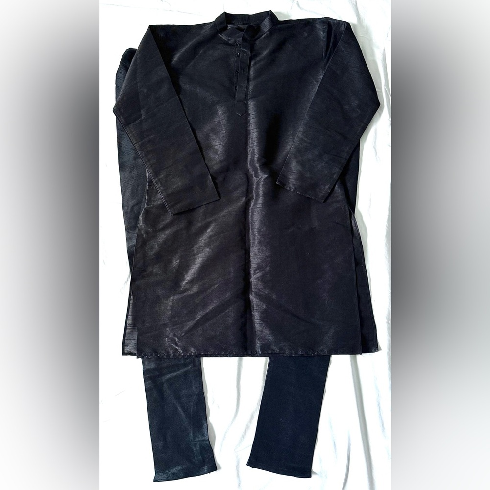 Mens 2 Piece Black Raw Silk Kurta & Pajama